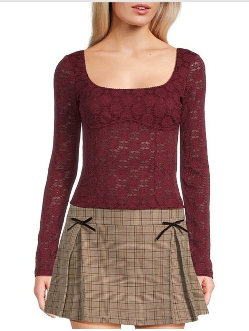 EvolutionaryKnit Lace Scoop Neck Long Sleeve Top, Burgandy, Size Medium